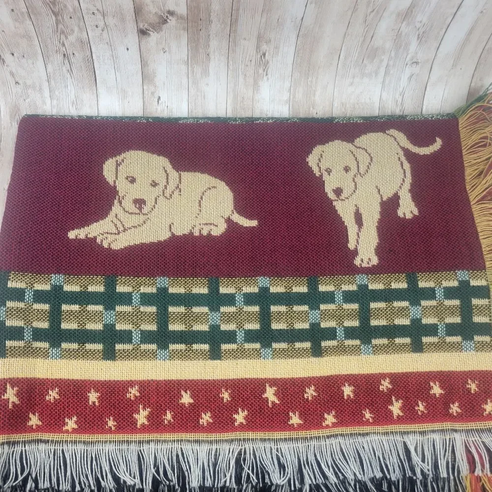 Dog Puppy Pattern Blanket Afgan Red Green Fringe Sides - Picture 4 of 6